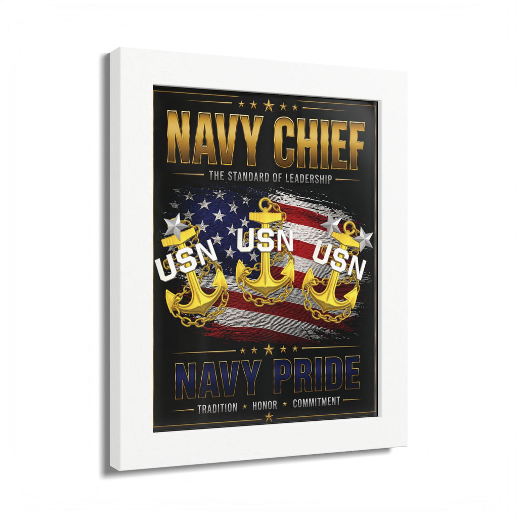 Framed poster with 'Navy Chief' and 'Navy Pride' text, featuring anchors and the US Navy emblem.