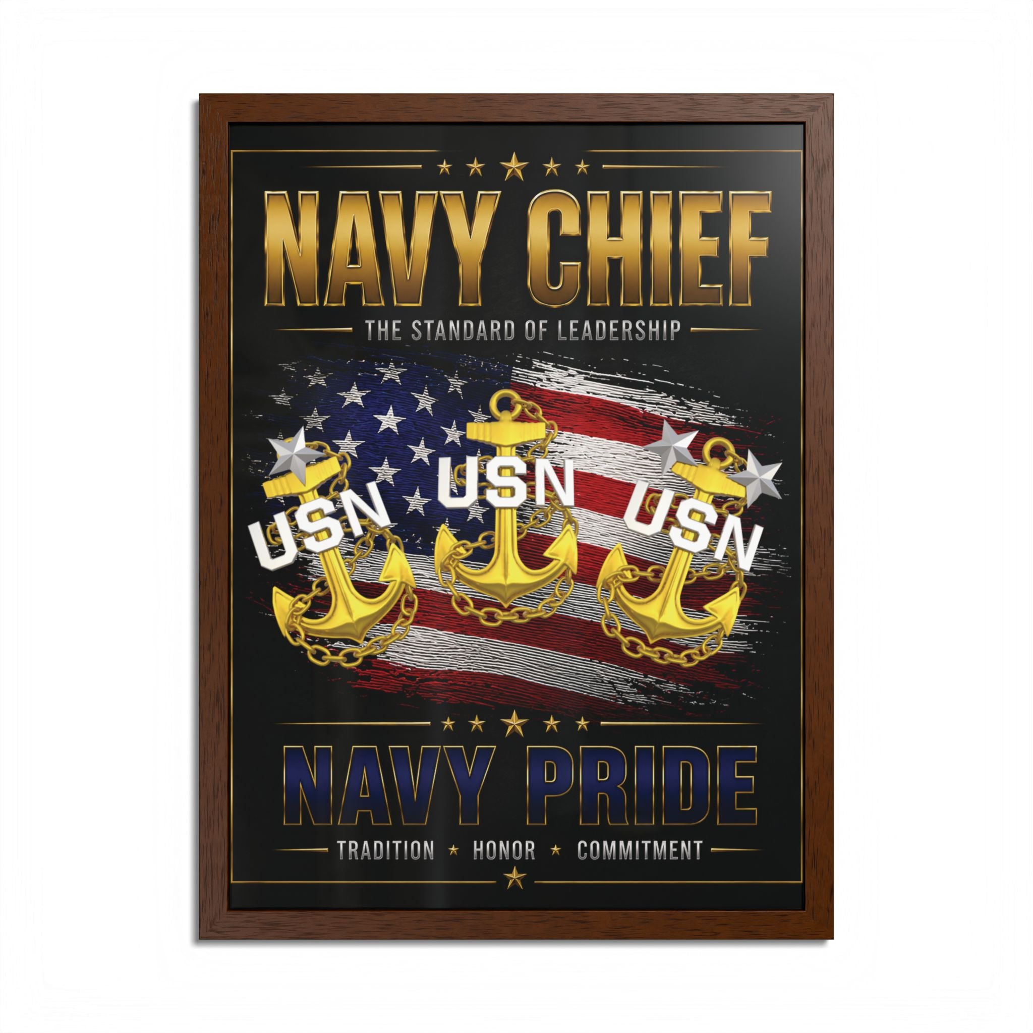 Framed poster with 'Navy Chief' and 'Navy Pride' text, featuring anchors and the USN logo on a black background.