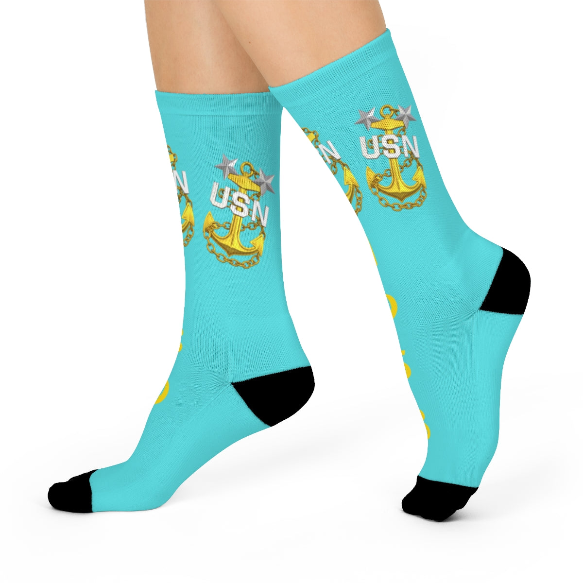 Turquoise socks with USN anchor design on a white background